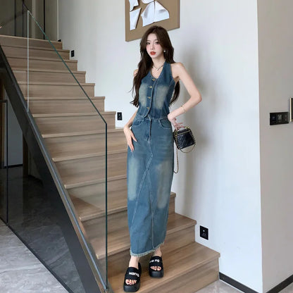 TAMBREET Sweet Hot Girl Denim Suit Women's Summer Backless Halter Neck Vest High Waisted Denim Long Skirt Two-piece Set Female Clothes