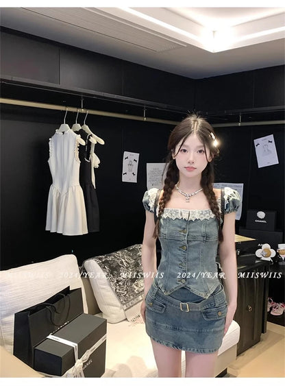 TAMBREET Sweet Hot Girl Denim Suit Women's Summer Square Collar Slim Fit Lace Denim Top High Waisted Skirt Two-piece Set Female Clothes