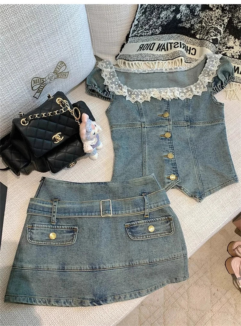 TAMBREET Sweet Hot Girl Denim Suit Women's Summer Square Collar Slim Fit Lace Denim Top High Waisted Skirt Two-piece Set Female Clothes