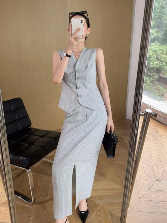 TAMBREET Sweet Hot Girl Grey Striped Suit Women's Summer Sleeveless Vest High Waist Split Long Skirt Two-piece Set Fashion Female Clothes