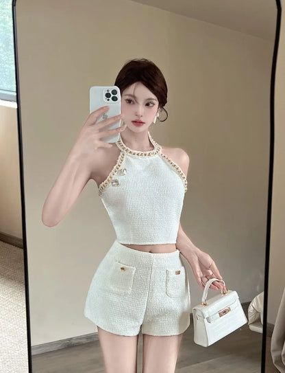 TAMBREET Sweet Hot Girl Sexy Suit Women's Summer Chain Woven Halter Neck Vest High Waisted Shorts Two-piece Set Fashion Female Clothes