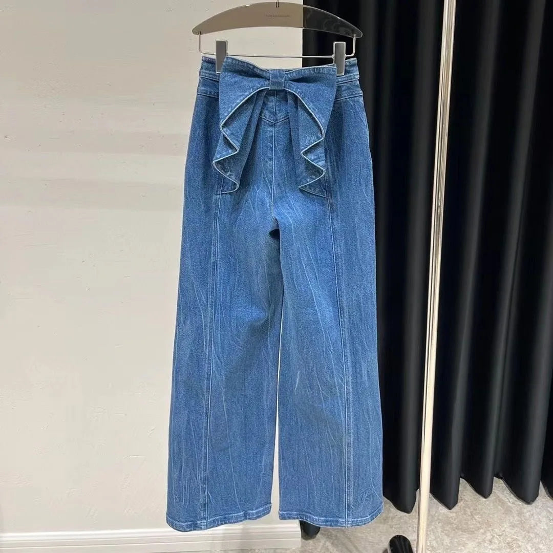 TAMBREET Sweet Style Street Blue American Retro Back Bow High Waisted Jeans for Women Spring New Niche Wide Leg Straight Leg Y2k Pants