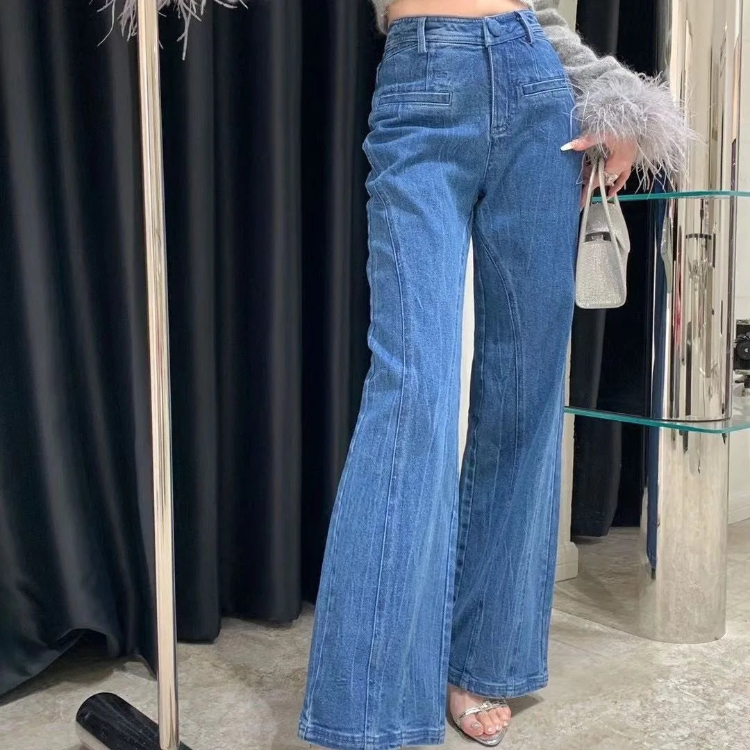 TAMBREET Sweet Style Street Blue American Retro Back Bow High Waisted Jeans for Women Spring New Niche Wide Leg Straight Leg Y2k Pants