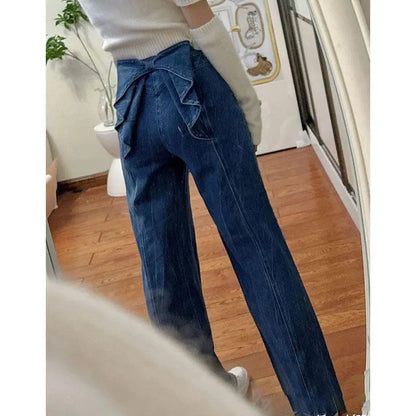 TAMBREET Sweet Style Street Blue American Retro Back Bow High Waisted Jeans for Women Spring New Niche Wide Leg Straight Leg Y2k Pants