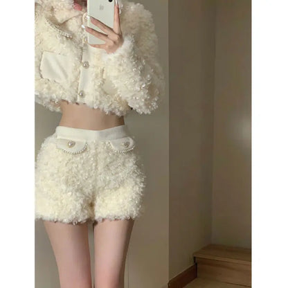 TAMBREET Sweet and Spicy Girl Lamb Fur Plush Short Coat Stylish High Waist Slim Shorts Winter New Fashion Two Piece Set Women Outfits