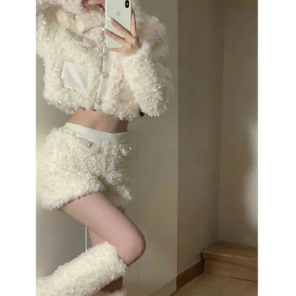 TAMBREET Sweet and Spicy Girl Lamb Fur Plush Short Coat Stylish High Waist Slim Shorts Winter New Fashion Two Piece Set Women Outfits