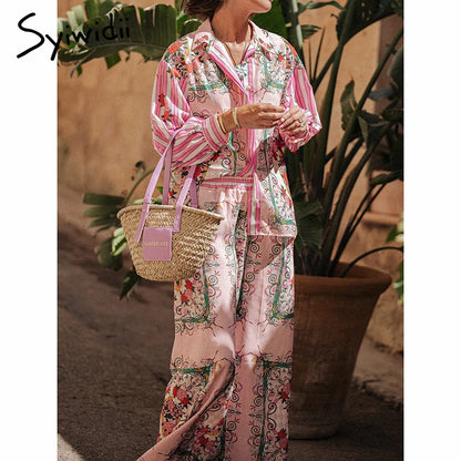 TAMBREET Syiwidii Fashion Print Women Suit Loose Single Breasted Long Sleeve Shirt Straight Pants Elegant Casual Vacation 2 Piece Sets