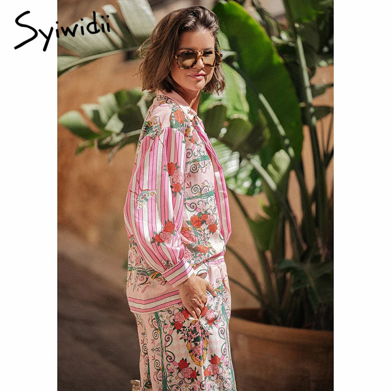 TAMBREET Syiwidii Fashion Print Women Suit Loose Single Breasted Long Sleeve Shirt Straight Pants Elegant Casual Vacation 2 Piece Sets