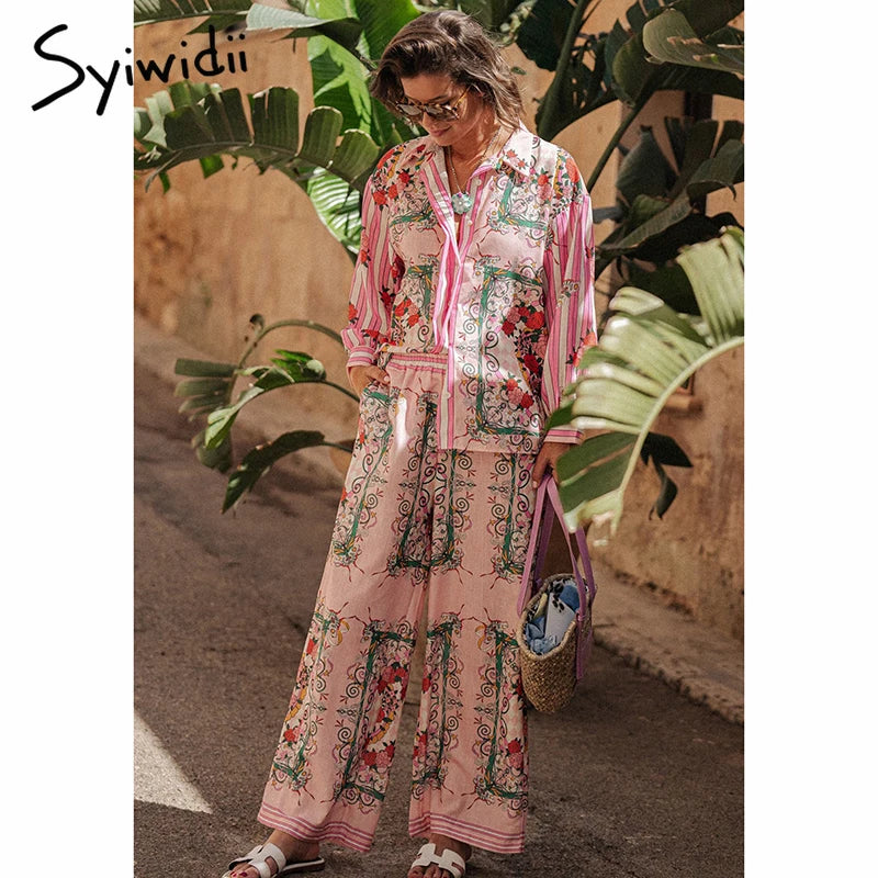 TAMBREET Syiwidii Fashion Print Women Suit Loose Single Breasted Long Sleeve Shirt Straight Pants Elegant Casual Vacation 2 Piece Sets