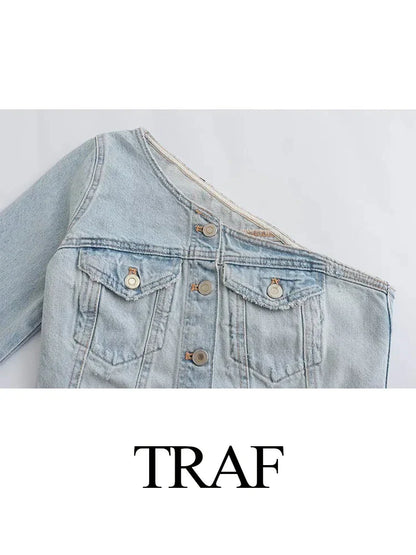 TAMBREET TRAF 2024 Women's Asymmetrical Tops Denim One Shoulder Long Sleeve Pockets Single-Breasted Female New Fashion Summer Crop Tops