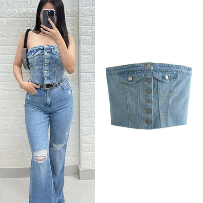 TAMBREET TRAF Denim Top Women Cropped Corset Top Summer Off shoulder Crop top Woman Tube top Sleeveless Bustier Tank top