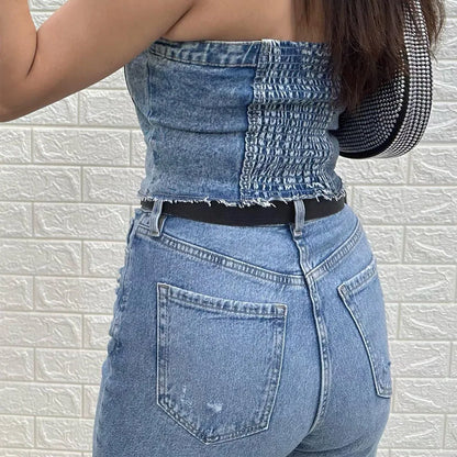 TAMBREET TRAF Denim Top Women Cropped Corset Top Summer Off shoulder Crop top Woman Tube top Sleeveless Bustier Tank top