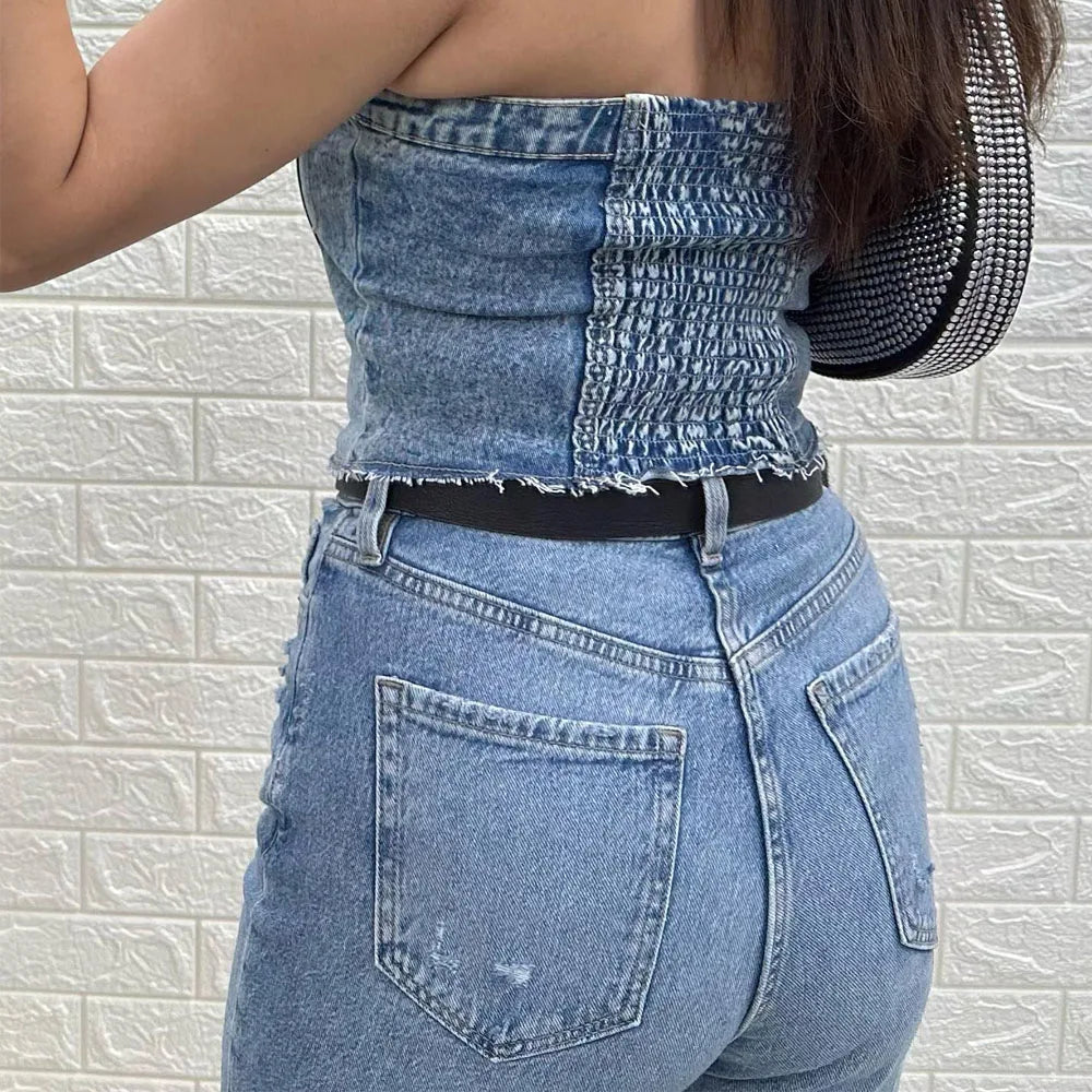 TAMBREET TRAF Denim Top Women Cropped Corset Top Summer Off shoulder Crop top Woman Tube top Sleeveless Bustier Tank top