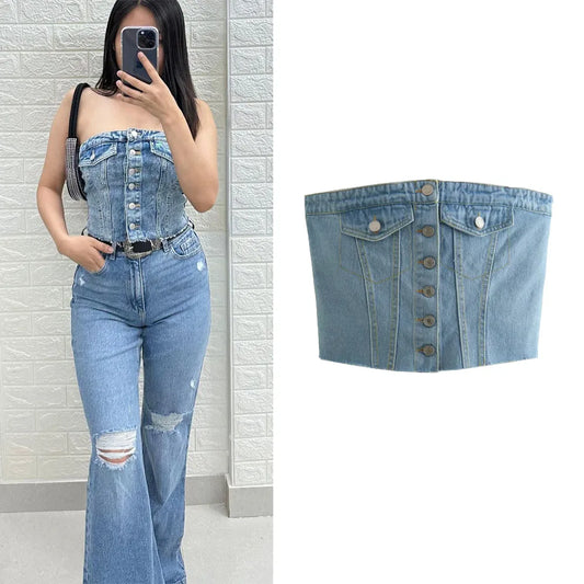 TAMBREET TRAF Denim Top Women Cropped Corset Top Summer Off shoulder Crop top Woman Tube top Sleeveless Bustier Tank top