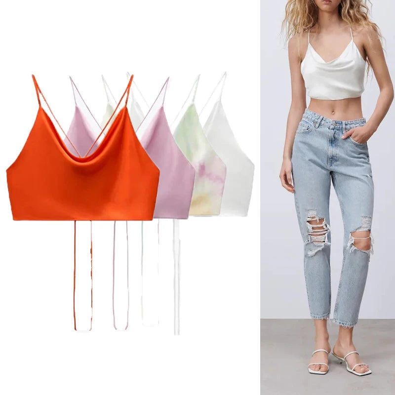 TAMBREET TRAF Satin Crop top Women Summer White Pink Red Cami Top 2024 Woman Sexy Backless Halter Camisole Strap Tank Top