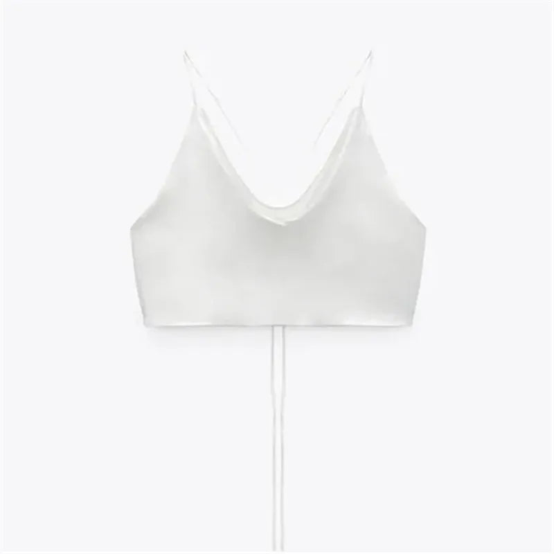 TAMBREET TRAF Satin Crop top Women Summer White Pink Red Cami Top 2024 Woman Sexy Backless Halter Camisole Strap Tank Top