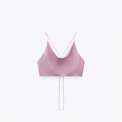 TAMBREET TRAF Satin Crop top Women Summer White Pink Red Cami Top 2024 Woman Sexy Backless Halter Camisole Strap Tank Top