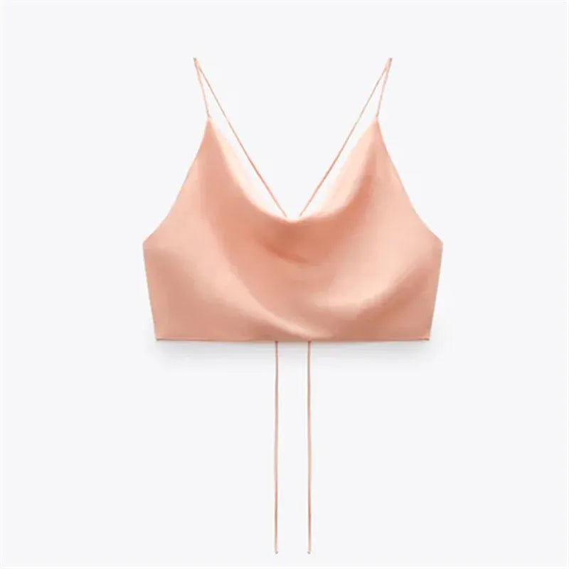 TAMBREET TRAF Satin Crop top Women Summer White Pink Red Cami Top 2024 Woman Sexy Backless Halter Camisole Strap Tank Top