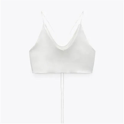 TAMBREET TRAF Satin Crop top Women Summer White Pink Red Cami Top 2024 Woman Sexy Backless Halter Camisole Strap Tank Top