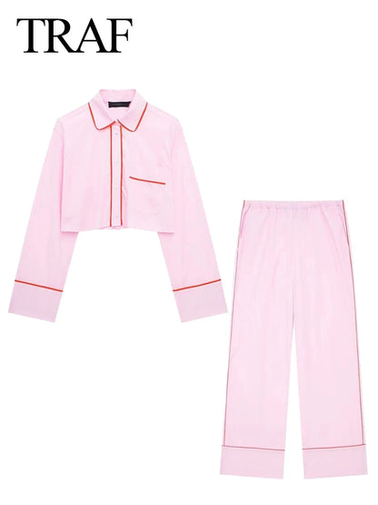 TAMBREET TRAF Spring Woman's Fashion Pink Suits Turn-Down Collar Long Sleeves Single Breasted Shirts+Mid Waist Lace-Up Wide Leg Pants