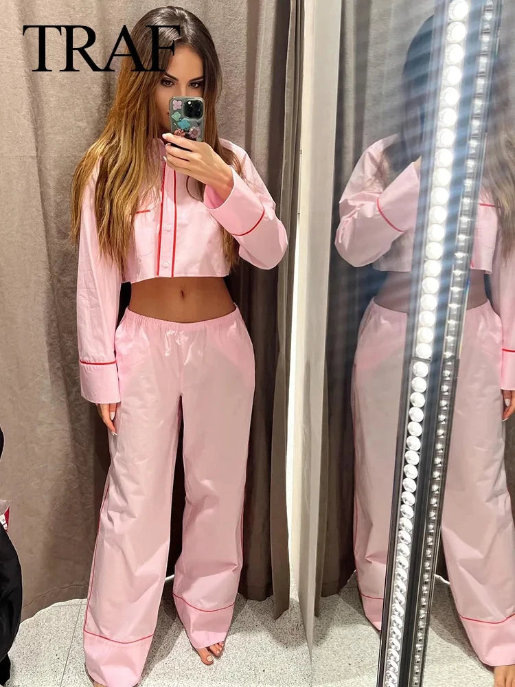 TAMBREET TRAF Spring Woman's Fashion Pink Suits Turn-Down Collar Long Sleeves Single Breasted Shirts+Mid Waist Lace-Up Wide Leg Pants