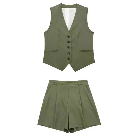 TAMBREET TRAF Women Elegant Solid Waistcoat Shorts Set 2024 Sleeveless Vest Top+High Waist Slim Shorts Lady Office Casual 2 Pieces Set