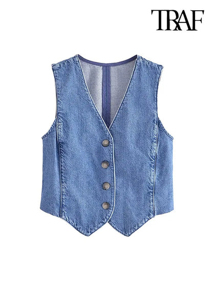 TAMBREET TRAF Women Fashion Front Button Denim Waistcoat Vintage V Neck Sleeveless Female Outerwear Chic Vest Tops