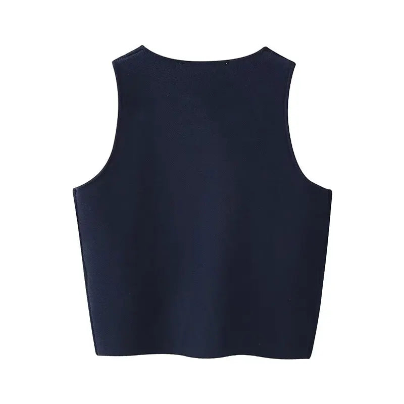 TAMBREET TRAF Women Short Tank Top Spring Summer Sleeveless European and American Style Sexy V Neck Button Knitted Casual Woman Top