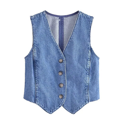 TAMBREET TRAF Women's Denim Vest Fashion Denim Sleeveless Vests For Women Jackets Short Sets Street New Outerwear Causal Female vest Top