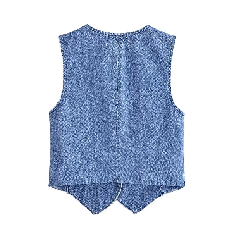 TAMBREET TRAF Women's Denim Vest Fashion Denim Sleeveless Vests For Women Jackets Short Sets Street New Outerwear Causal Female vest Top