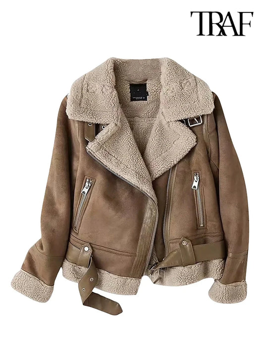 TAMBREET TRAF Women's Fashion 2024 New Vintage Faux Fur Lamb Fur Jacket Thickened Suede Lapel Long Sleeve Warm Women's Biker Jacket