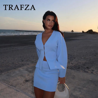 TAMBREET TRAFZA 2024 Spring Summer Sexy Solid Knitted Women Suits Fashion Nightclub V Neck Single Breasted Shirts+Chic Mini Pencil Skirts