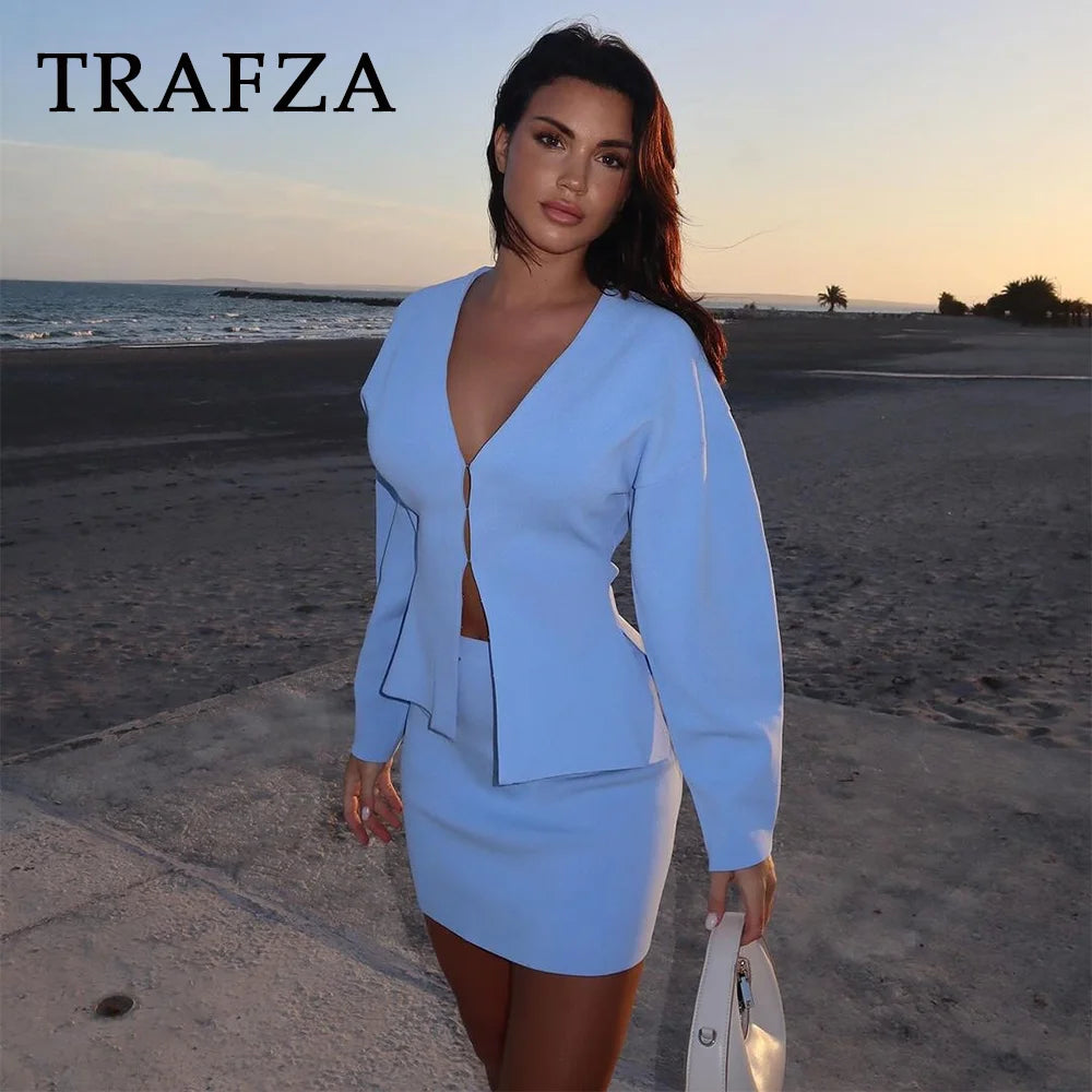 TAMBREET TRAFZA 2024 Spring Summer Sexy Solid Knitted Women Suits Fashion Nightclub V Neck Single Breasted Shirts+Chic Mini Pencil Skirts