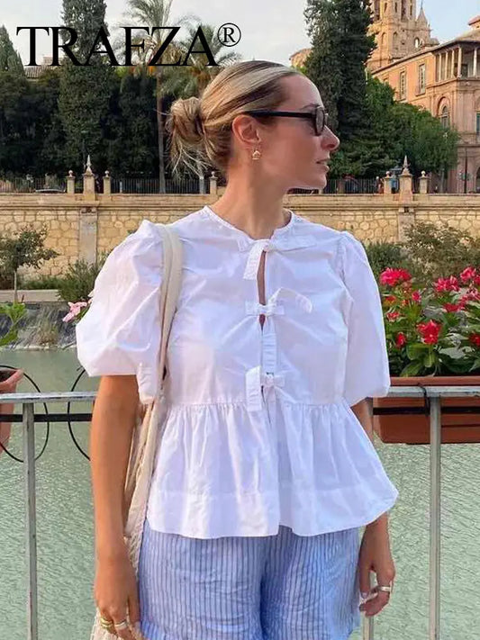 TAMBREET TRAFZA Fashion Solid Hollow Out Shirt Women Causal O Neck Short Sleeved Lace Up Tops Chic Female Casual Blouse Streetwear 2024