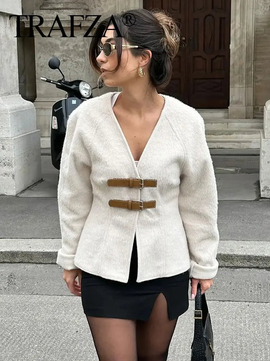 TAMBREET TRAFZA Retro Leather Buckle Woolen Coat Women Fashion Solid V Neck Long Sleeve Beige Jacket Autumn Spring Chic Female Streetwear