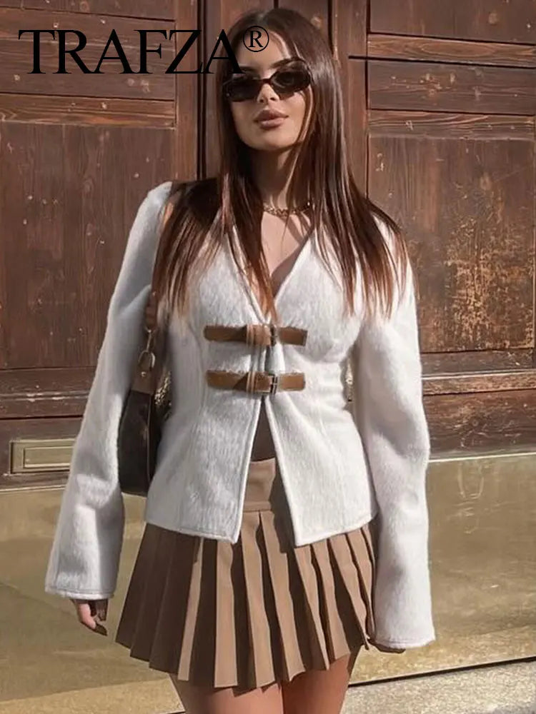 TAMBREET TRAFZA Retro Leather Buckle Woolen Coat Women Fashion Solid V Neck Long Sleeve Beige Jacket Autumn Spring Chic Female Streetwear