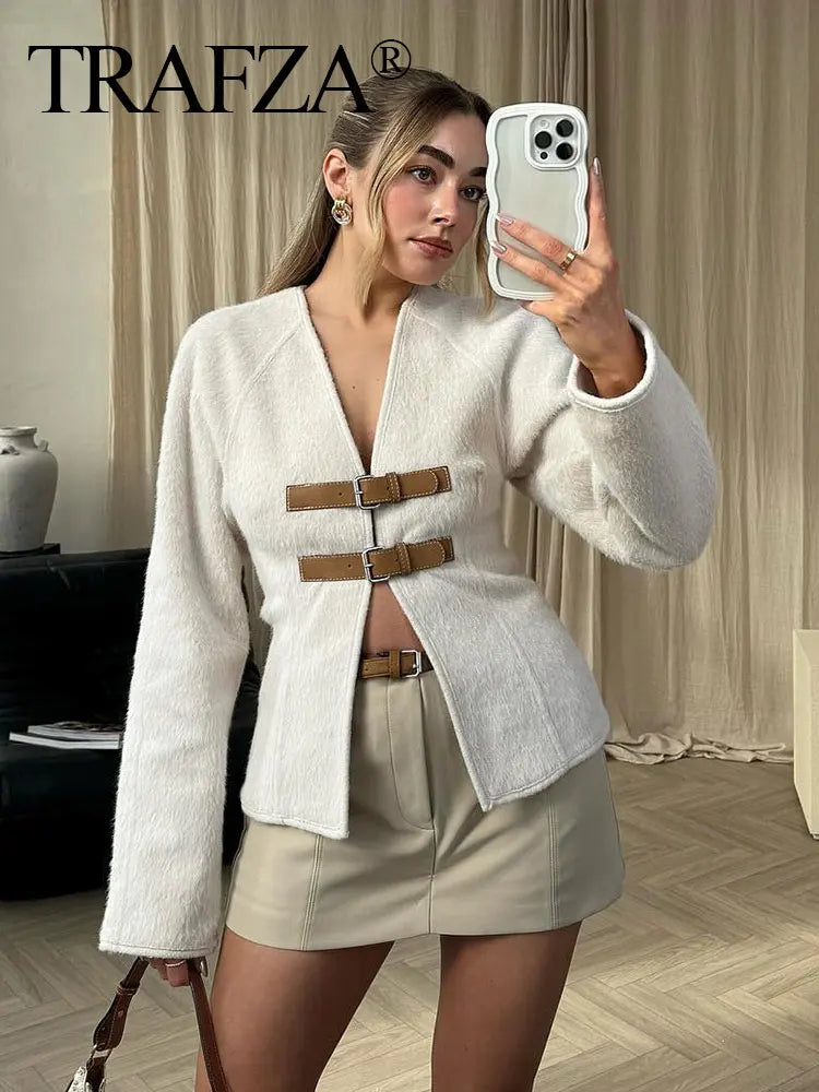 TAMBREET TRAFZA Retro Leather Buckle Woolen Coat Women Fashion Solid V Neck Long Sleeve Beige Jacket Autumn Spring Chic Female Streetwear