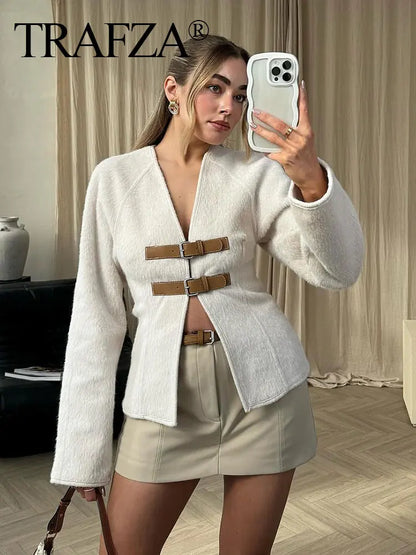 TAMBREET TRAFZA Retro Leather Buckle Woolen Coat Women Fashion Solid V Neck Long Sleeve Beige Jacket Autumn Spring Chic Female Streetwear