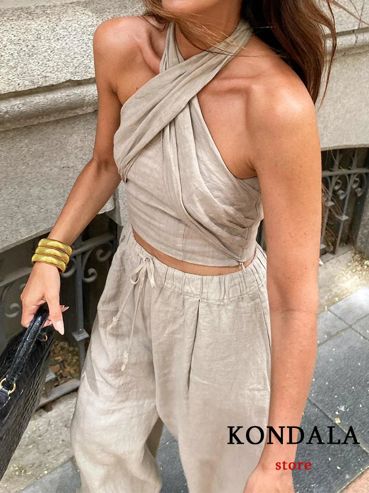 TAMBREET TRAFZA Streetwear Khaki Suits Women Sleeveless Halter Sexy Crop Tops Women+High Waist Wide Leg Pants Fashion 2024 Sets