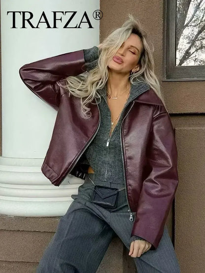 TAMBREET TRAFZA Wine Red Faux Leather Jakcet Fashion Outerwear Thicken Zipper Lapel Pu Coats Autumn Winter Streetwear Ladies Tops Women