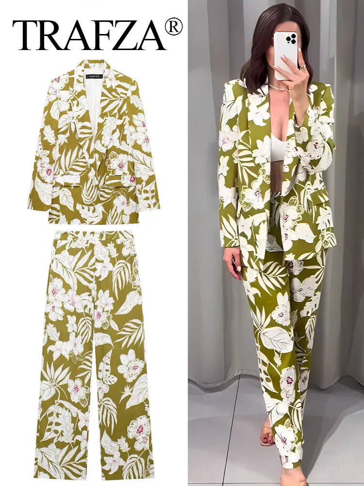 TAMBREET TRAFZA Women Fashion Floral Print Trouser Suits V Neck Commute Blazer Top + Back Elastic Waist Office Woman Wide Leg Long Pant