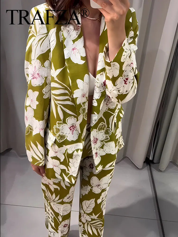 TAMBREET TRAFZA Women Fashion Floral Print Trouser Suits V Neck Commute Blazer Top + Back Elastic Waist Office Woman Wide Leg Long Pant