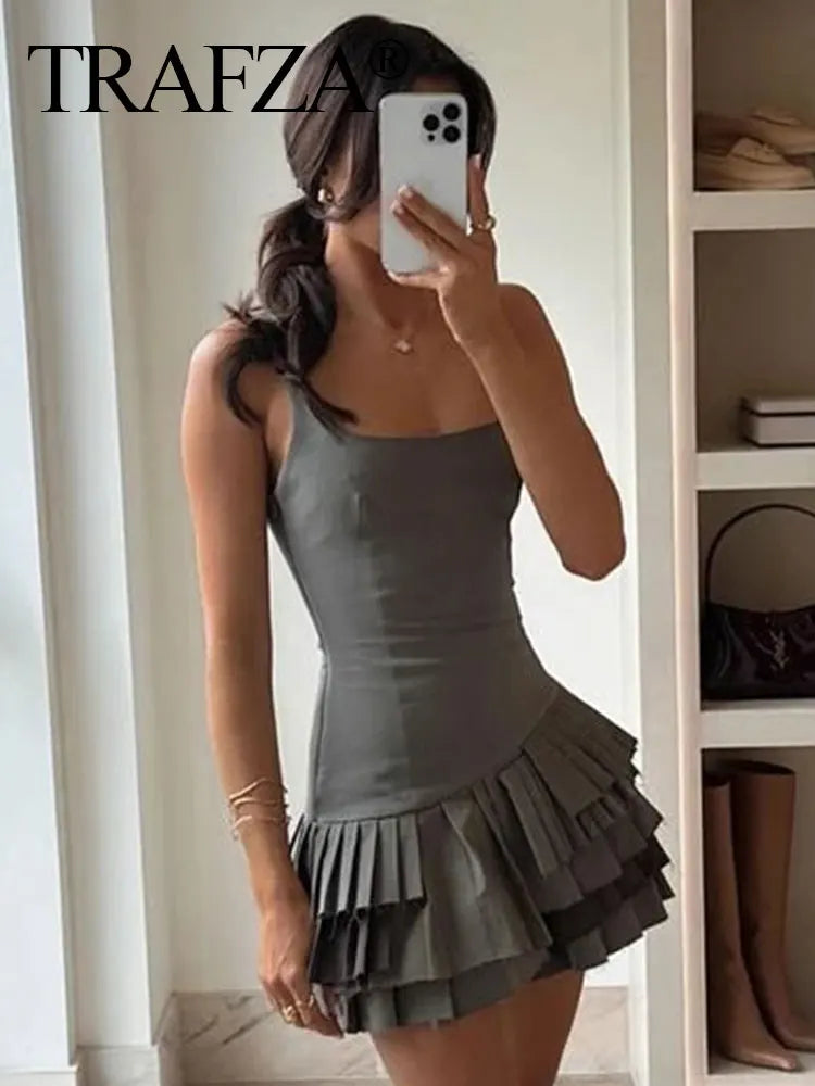 TAMBREET TRAFZA Women Fashion Irregular Pleated Camisole Dress Sexy Slim Sleeveless Mini Dresses 2024 Summer Female High Street Vestidos