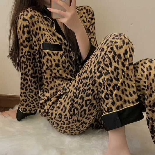 TAMBREET Thailand Spring and Fall Pajamas Set Women's Fashion Leopard Print Long-Sleeved Sleepwear Loungewear Ladies Upscale Homewear