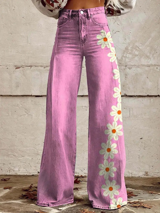 TAMBREET The design sense of the 2024 new trendy female niche. 3D printed women's imitation denim spring wide leg pants