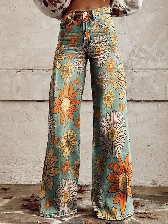 TAMBREET The design sense of the 2024 new trendy female niche. 3D printed women's imitation denim spring wide leg pants