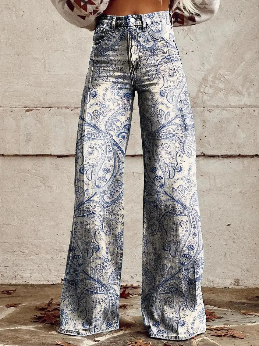 TAMBREET The design sense of the 2024 new trendy female niche. 3D printed women's imitation denim spring wide leg pants