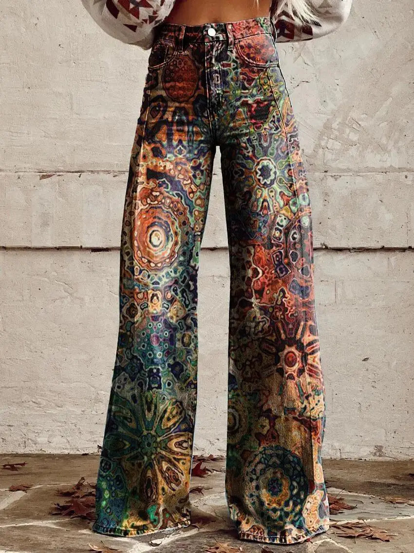 TAMBREET The design sense of the 2024 new trendy female niche. 3D printed women's imitation denim spring wide leg pants