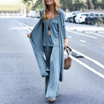 TAMBREET Three Piece Sets Fashion Long Cardigan Cover Up V-Neck Sling Tank Undershirt Whit Straight Pant Suit Causal Loose Solid Sets