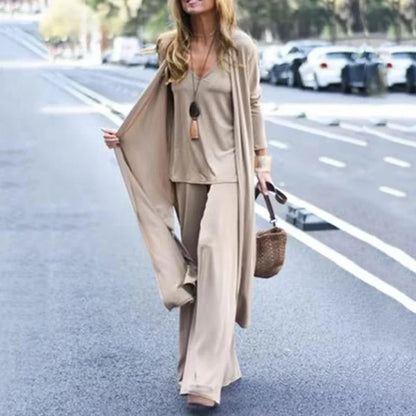 TAMBREET Three Piece Sets Fashion Long Cardigan Cover Up V-Neck Sling Tank Undershirt Whit Straight Pant Suit Causal Loose Solid Sets